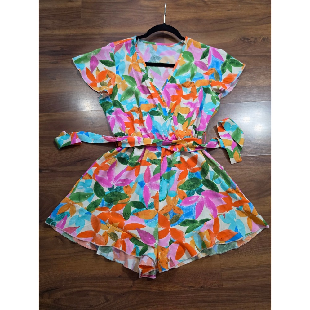 NWT SHEIN Romper Size Medium Multi Color Floral Wrap V-Neck Ruffle Hem Belted